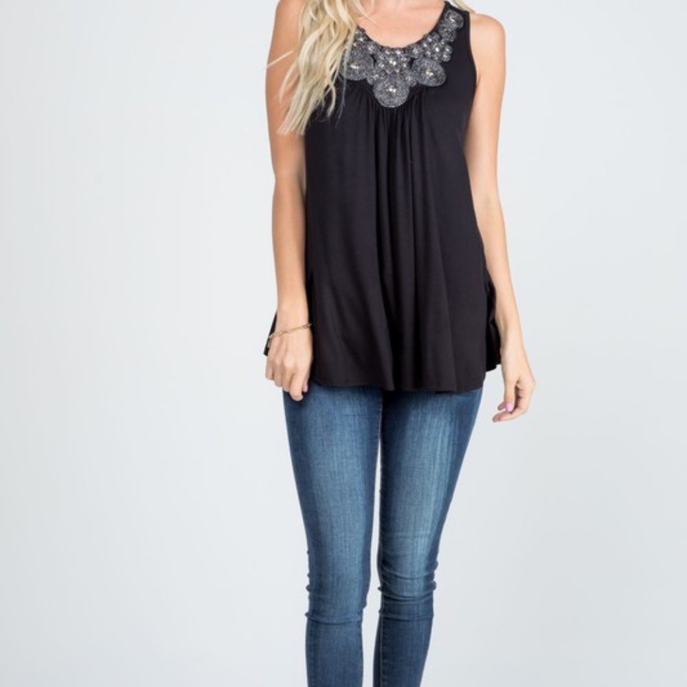 Black Lurex Beaded Neck Trim Solid Jersey Tank Top